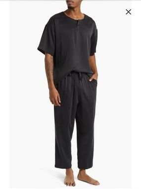 Lahgo Lunya Black Men’s Henley Top Washable Silk Pajamas Set XXL